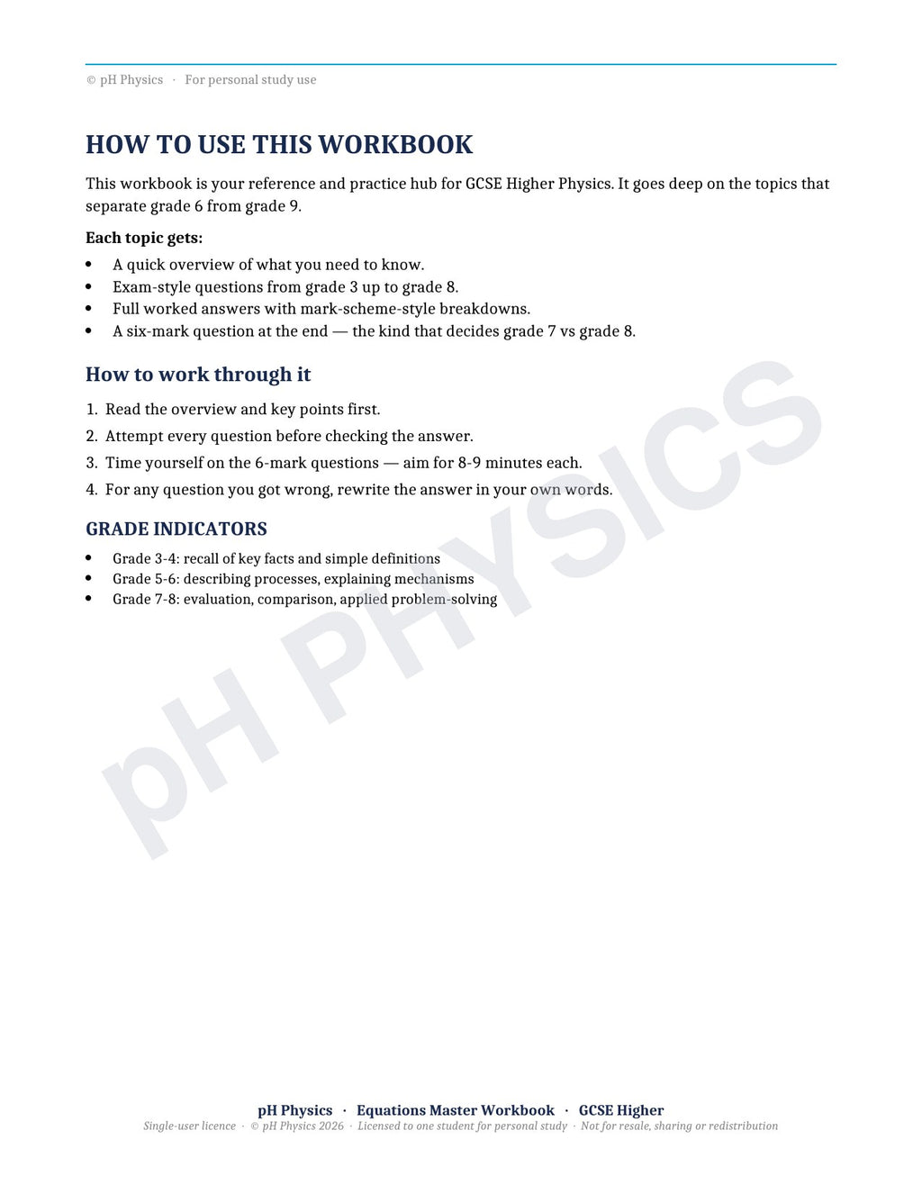 pH Physics · Equations Master · Mastery Workbook