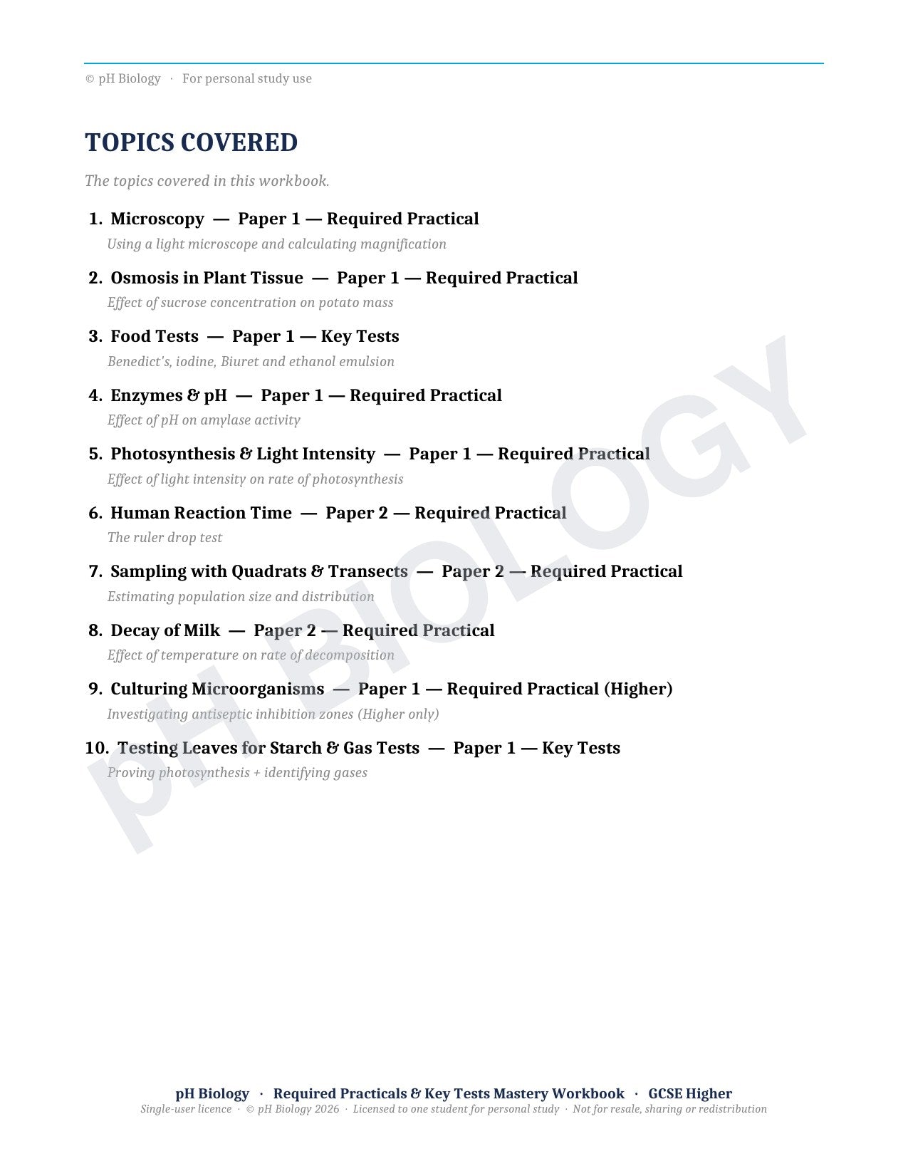 pH Biology · Required Practicals & Key Tests · Mastery Workbook