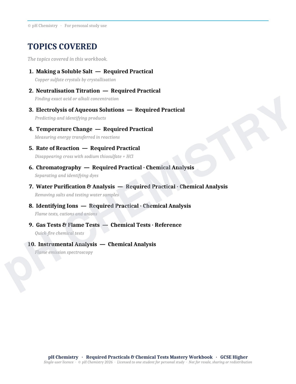 pH Chemistry · Required Practicals & Chemical Tests · Mastery Workbook