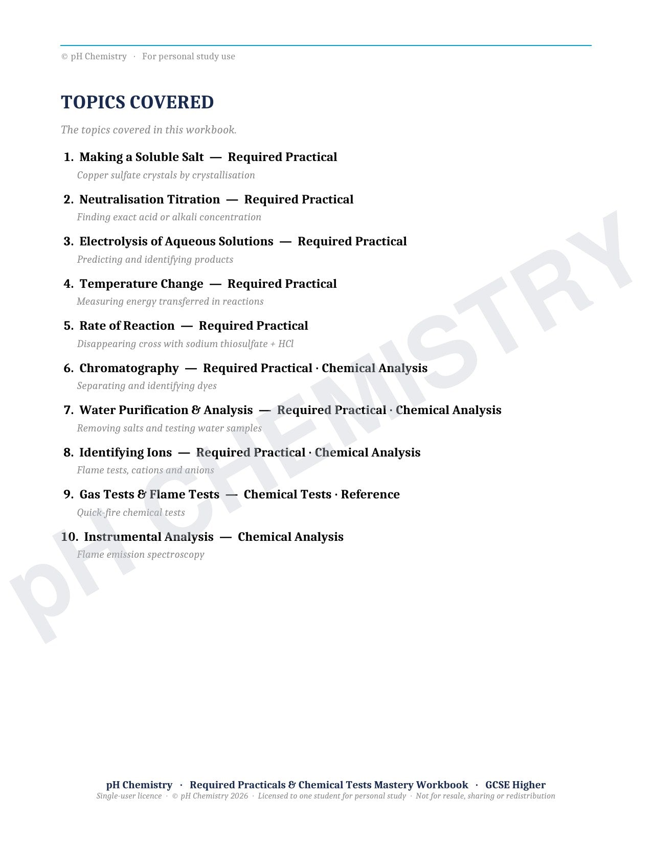 pH Chemistry · Required Practicals & Chemical Tests · Mastery Workbook