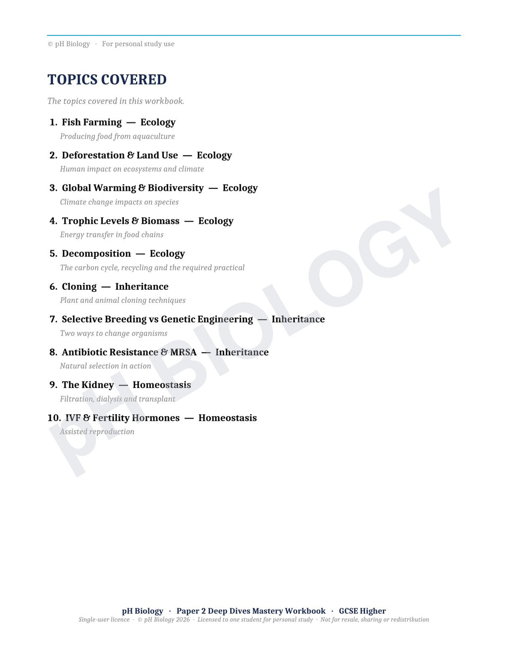 pH Biology · Paper 2 Deep Dives · Mastery Workbook