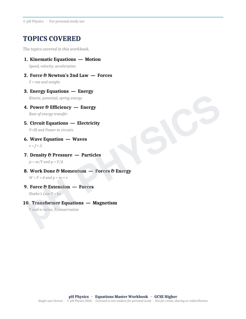 pH Physics · Equations Master · Mastery Workbook
