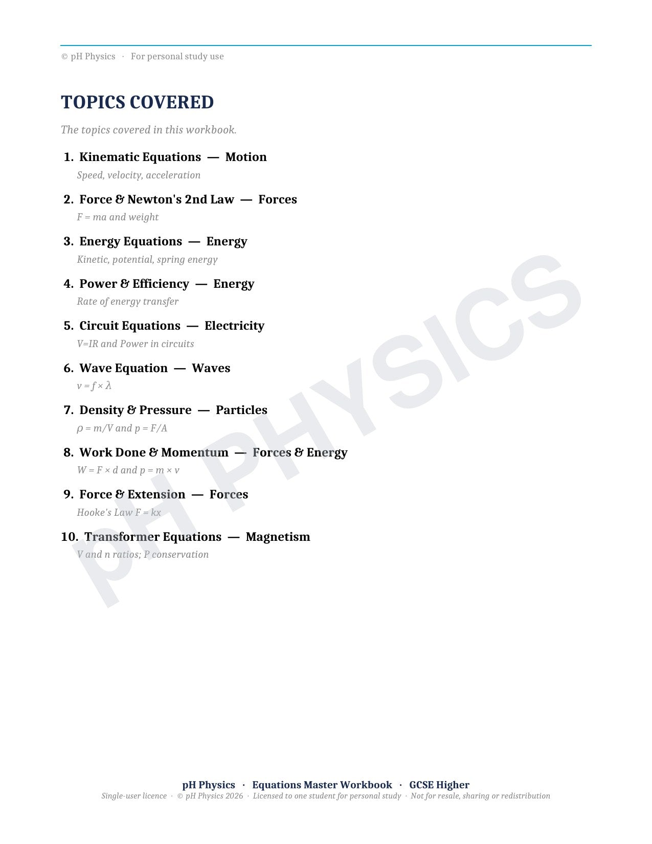pH Physics · Equations Master · Mastery Workbook