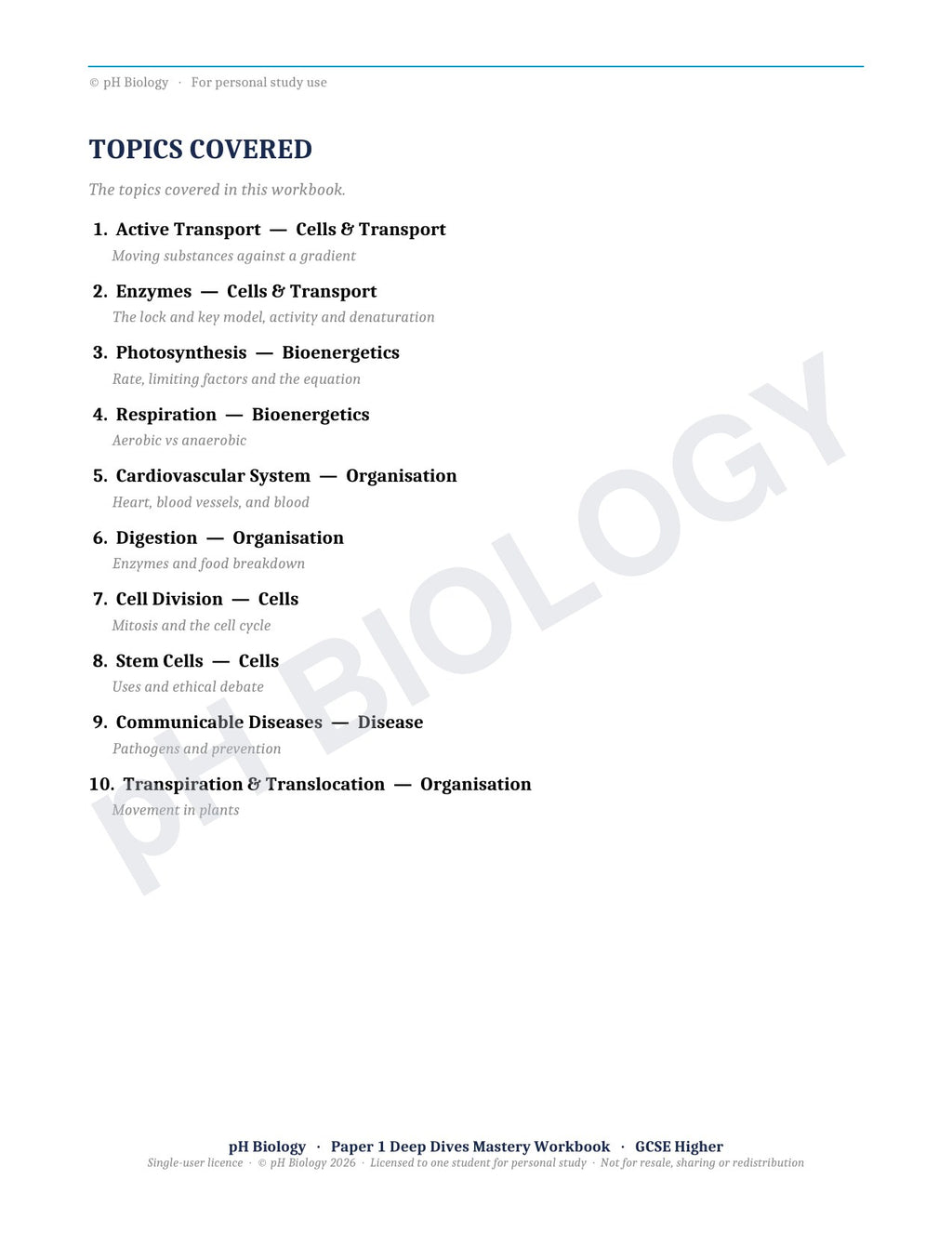 pH Biology · Paper 1 Deep Dives · Mastery Workbook