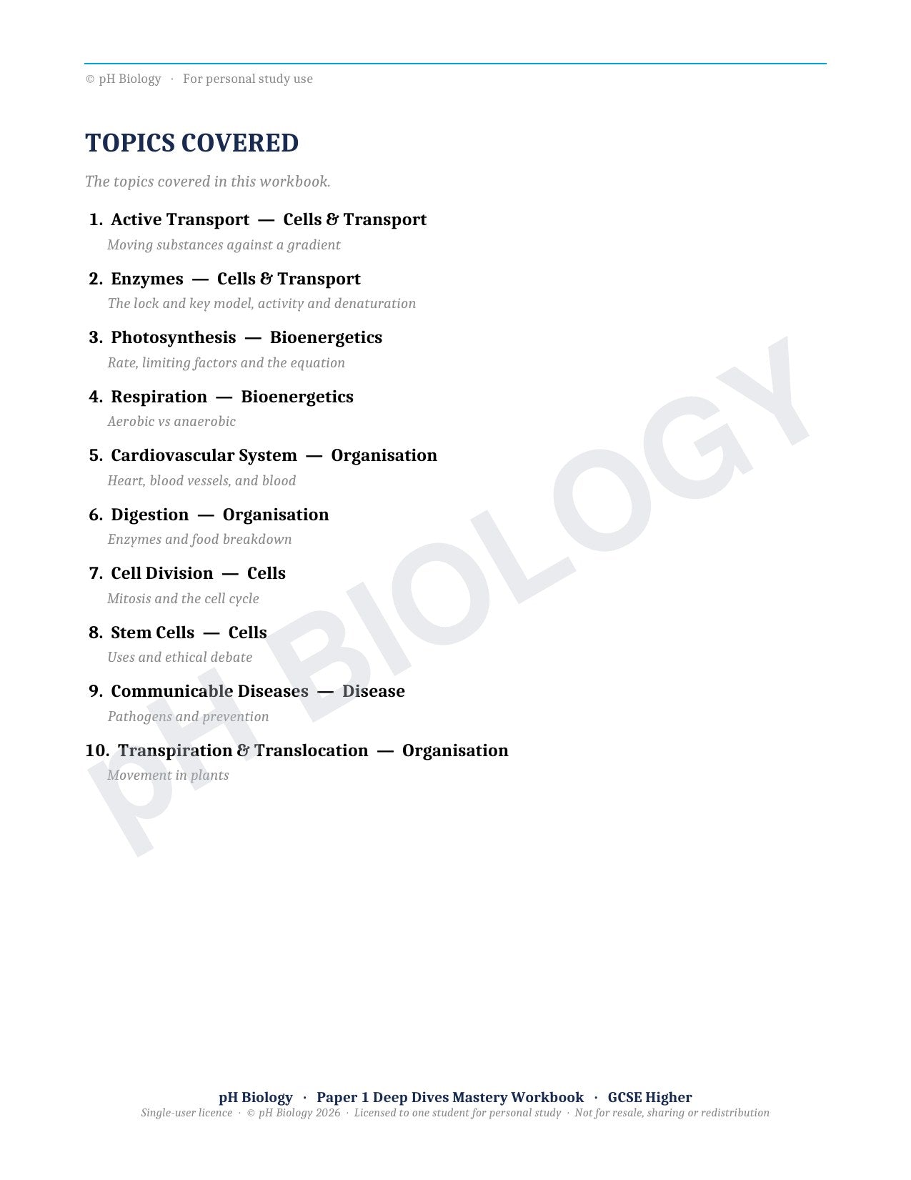 pH Biology · Paper 1 Deep Dives · Mastery Workbook
