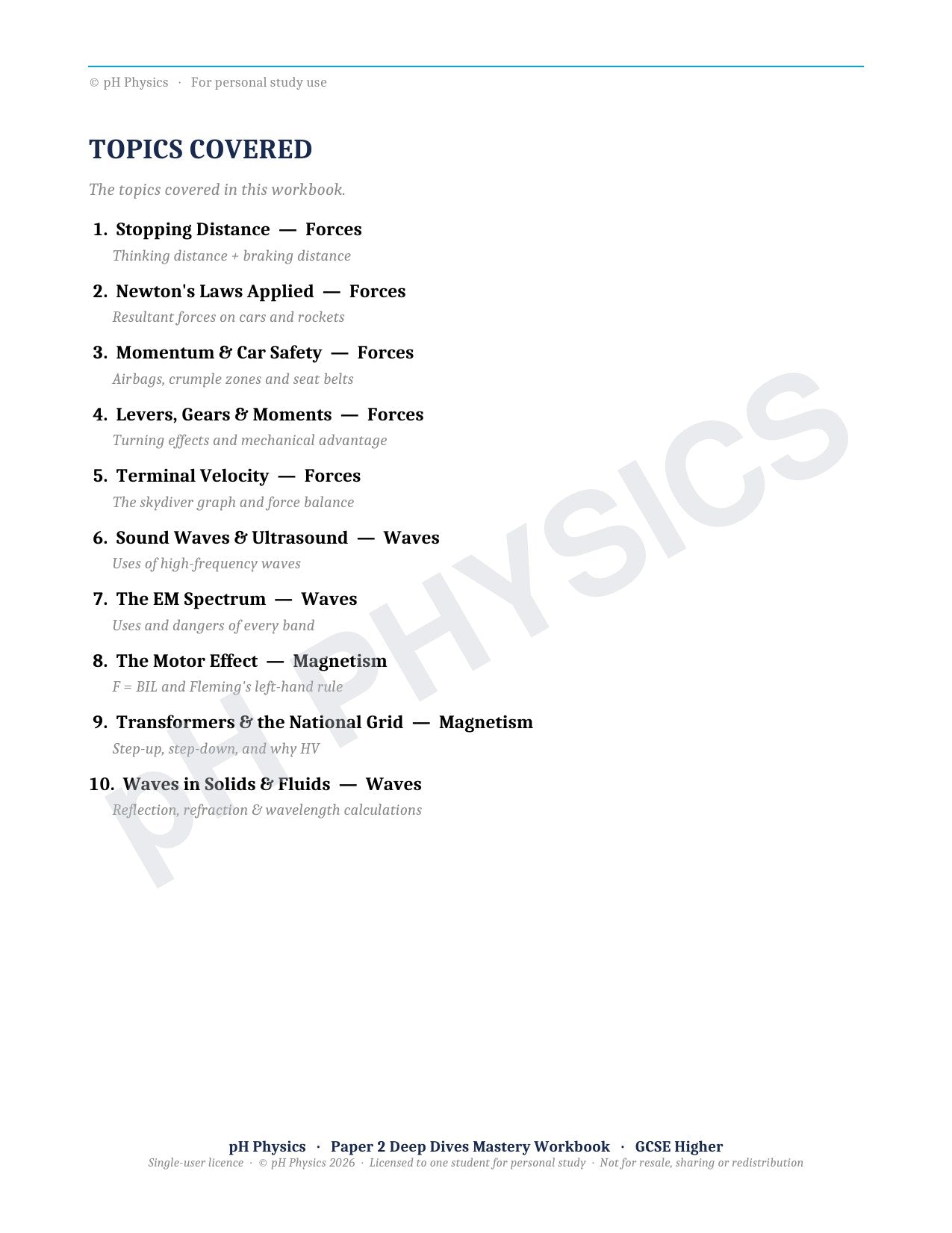 pH Physics · Paper 2 Deep Dives · Mastery Workbook