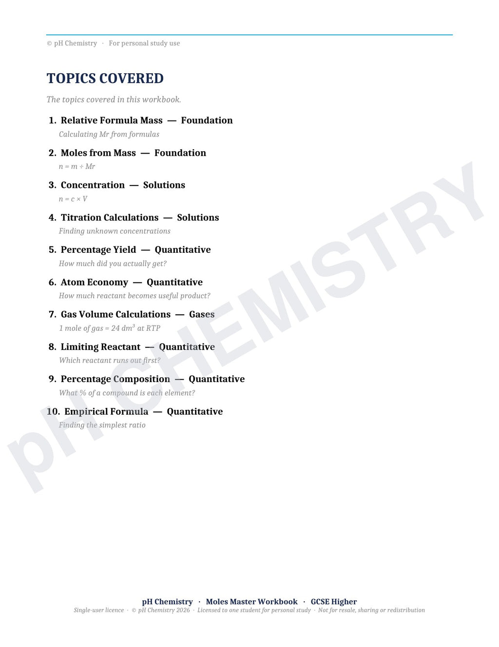 pH Chemistry · Moles Master · Mastery Workbook
