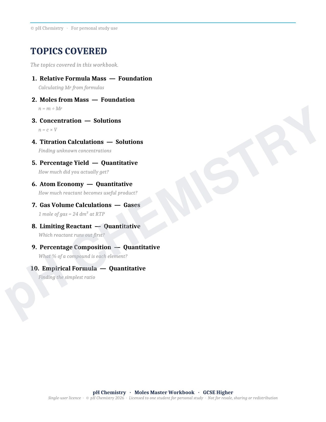 pH Chemistry · Moles Master · Mastery Workbook