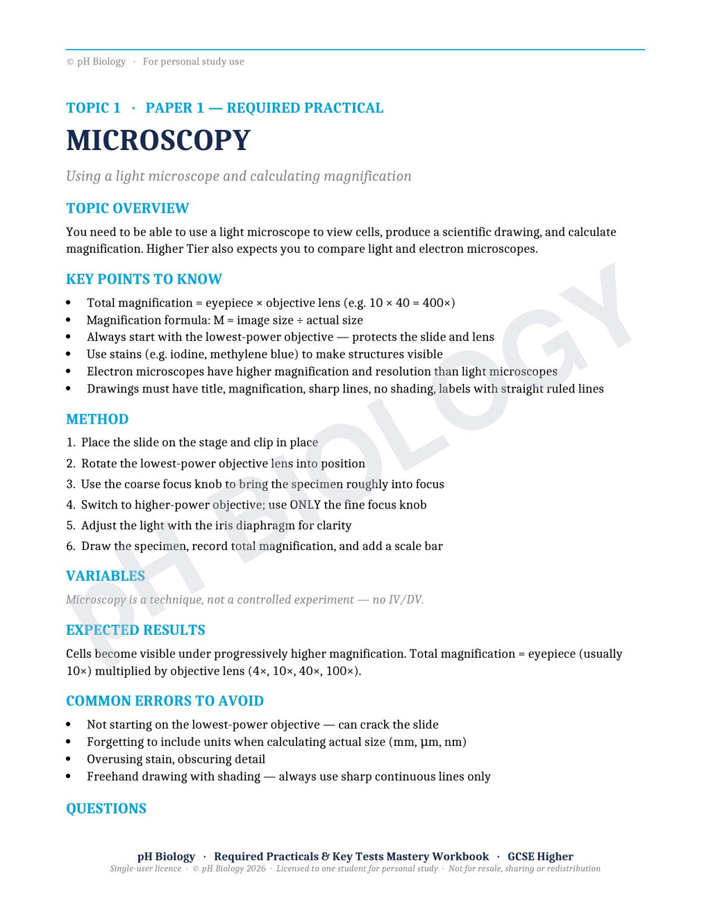 pH Biology · Required Practicals & Key Tests · Mastery Workbook