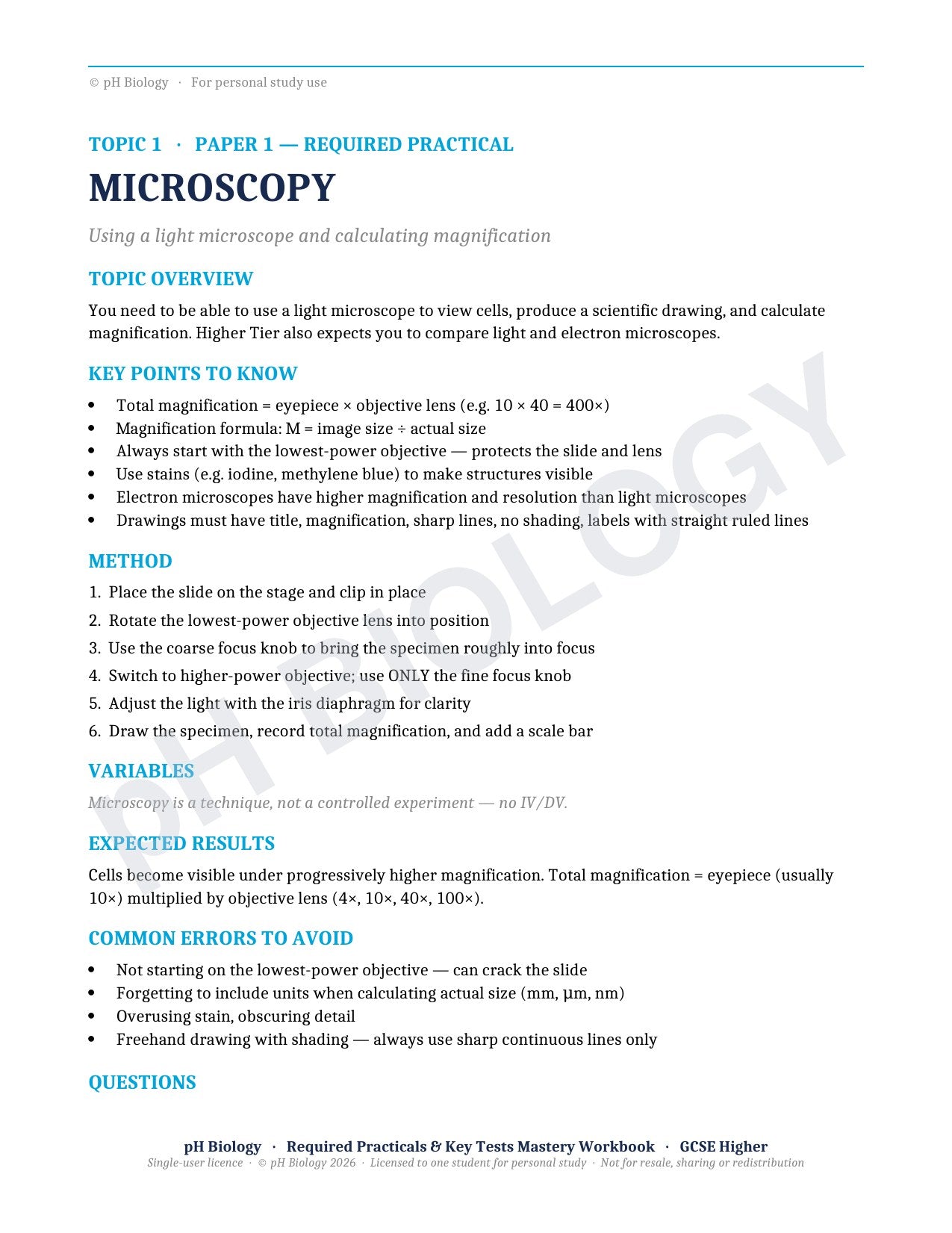 pH Biology · Required Practicals & Key Tests · Mastery Workbook
