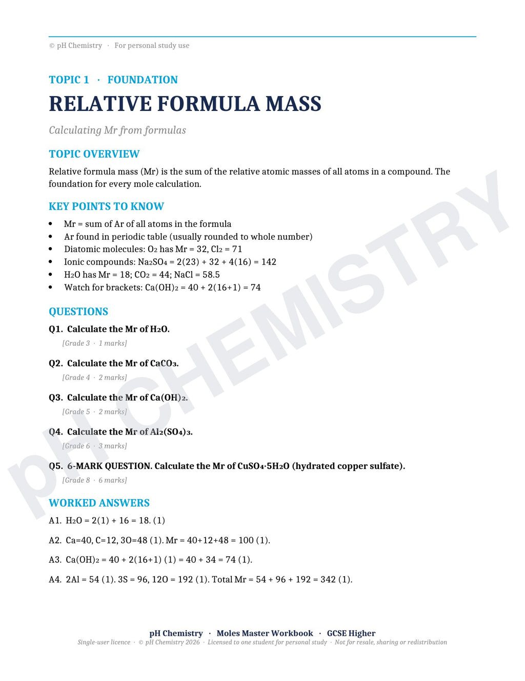 pH Chemistry · Moles Master · Mastery Workbook