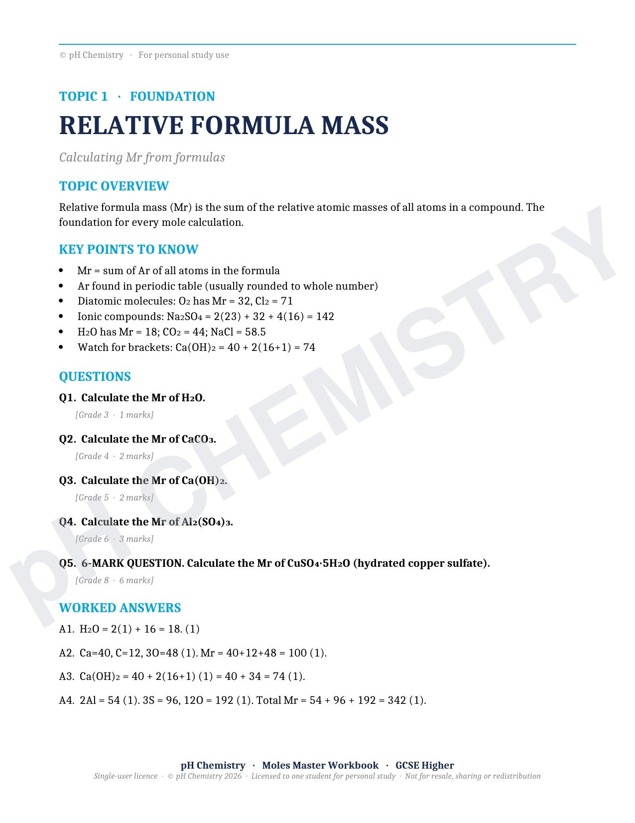 pH Chemistry · Moles Master · Mastery Workbook