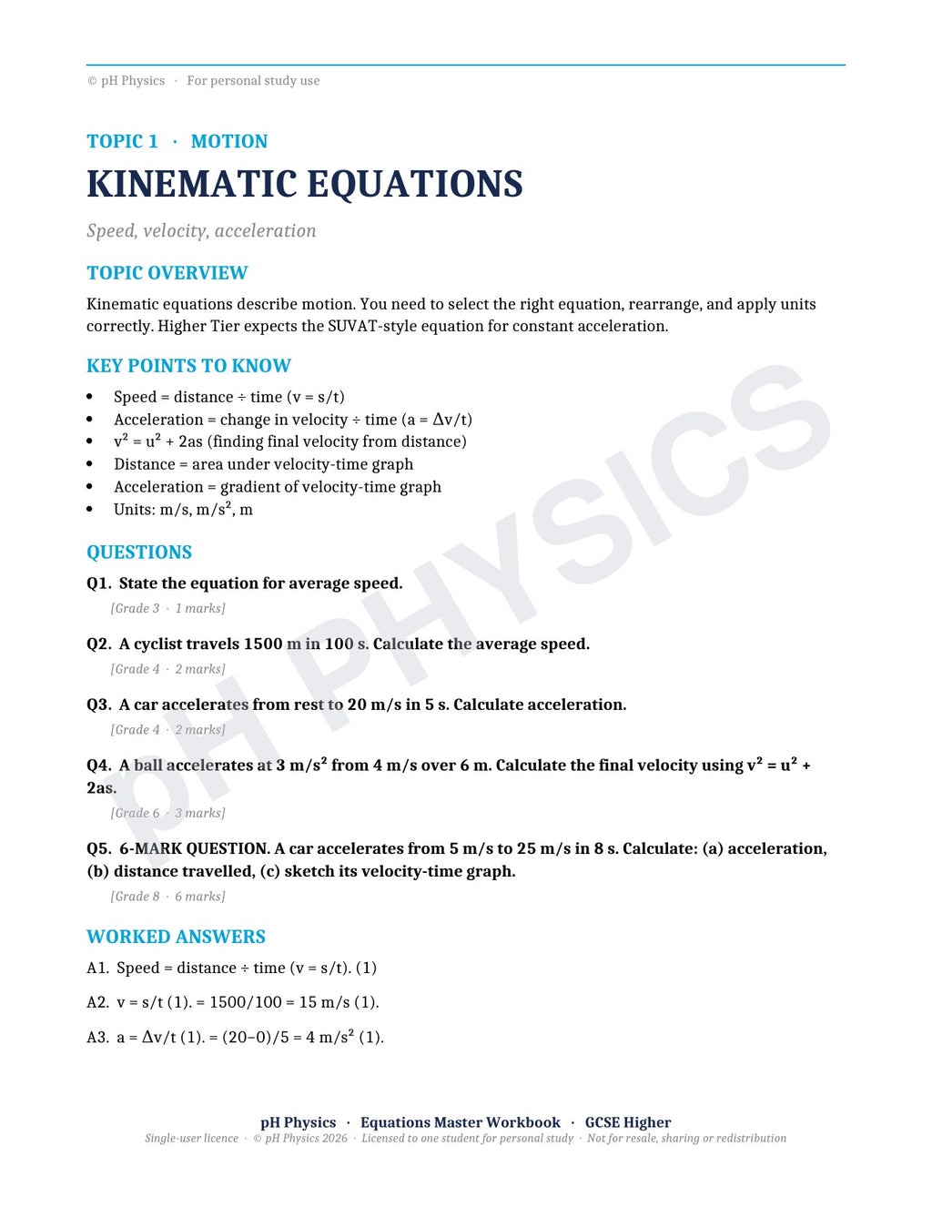 pH Physics · Equations Master · Mastery Workbook