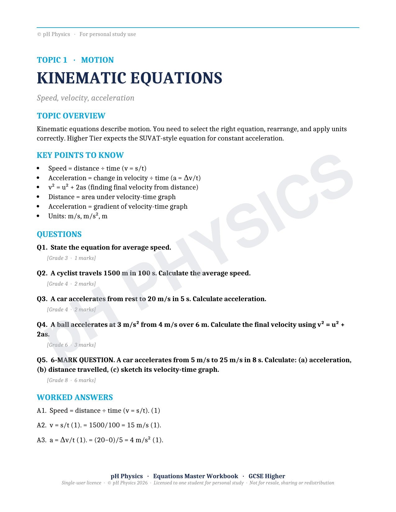 pH Physics · Equations Master · Mastery Workbook