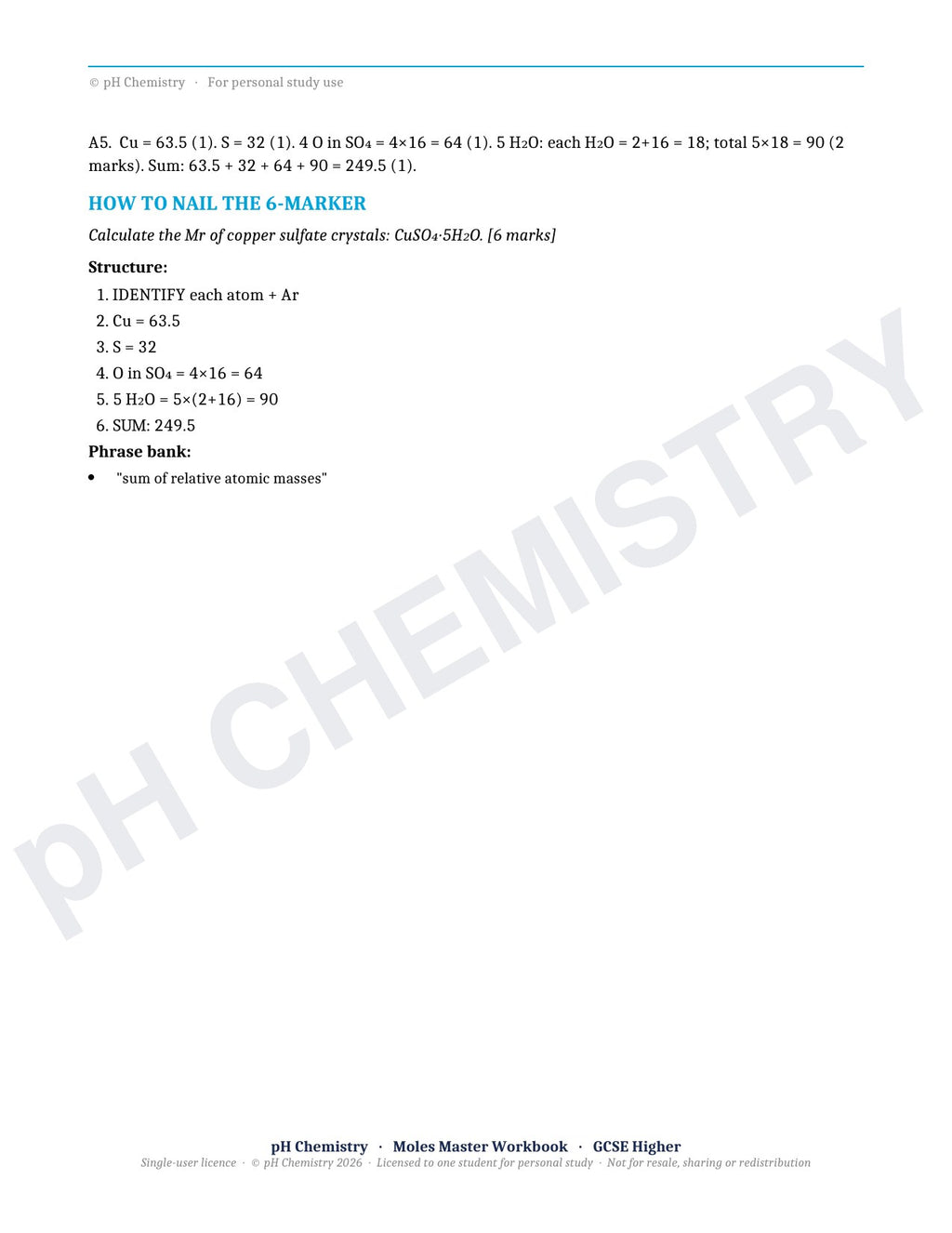 pH Chemistry · Moles Master · Mastery Workbook
