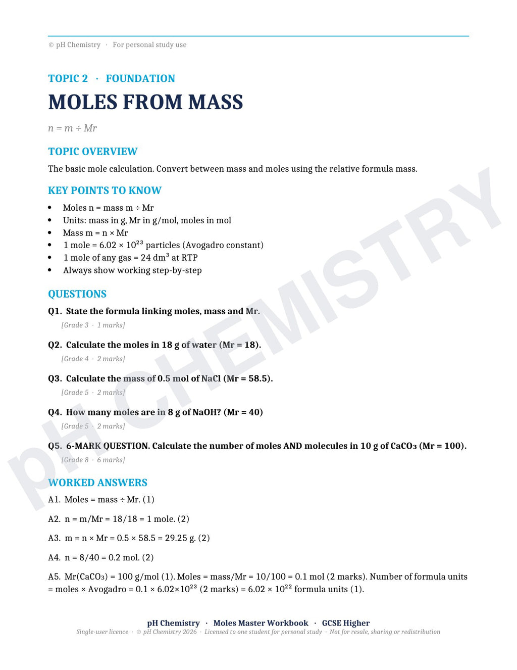 pH Chemistry · Moles Master · Mastery Workbook
