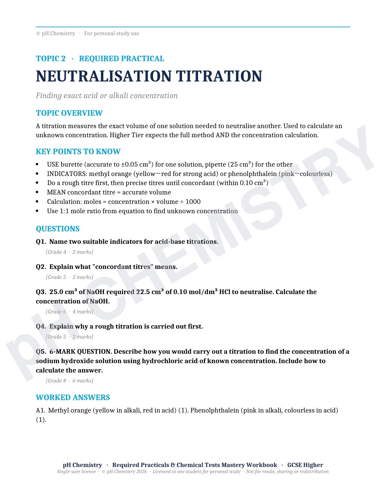 pH Chemistry · Required Practicals & Chemical Tests · Mastery Workbook