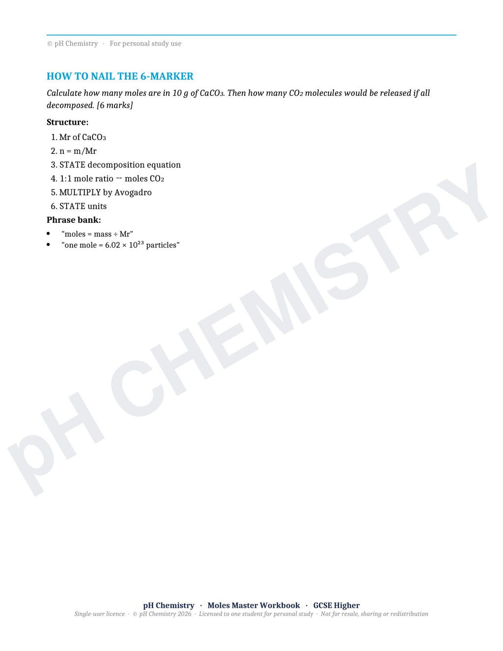 pH Chemistry · Moles Master · Mastery Workbook