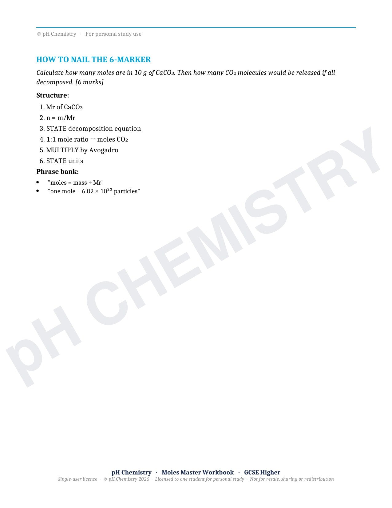 pH Chemistry · Moles Master · Mastery Workbook