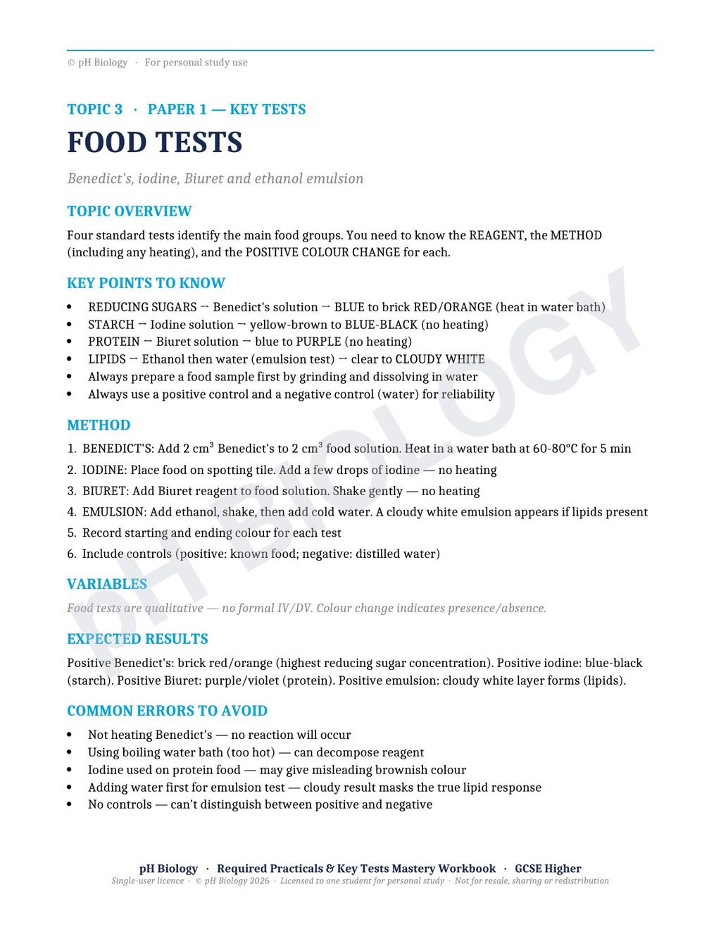pH Biology · Required Practicals & Key Tests · Mastery Workbook