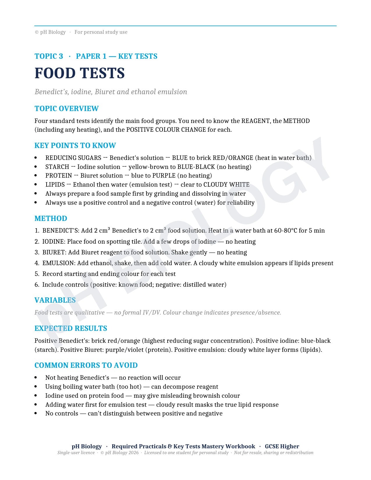 pH Biology · Required Practicals & Key Tests · Mastery Workbook