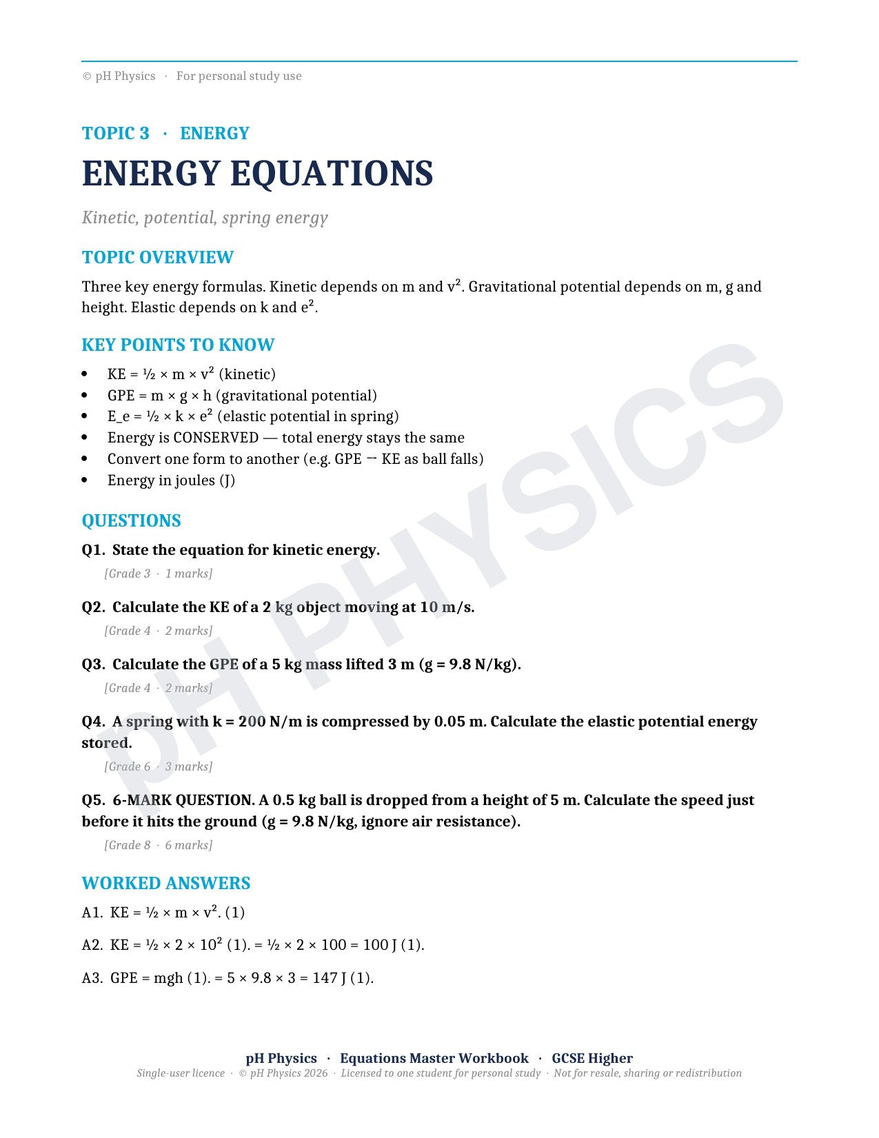 pH Physics · Equations Master · Mastery Workbook