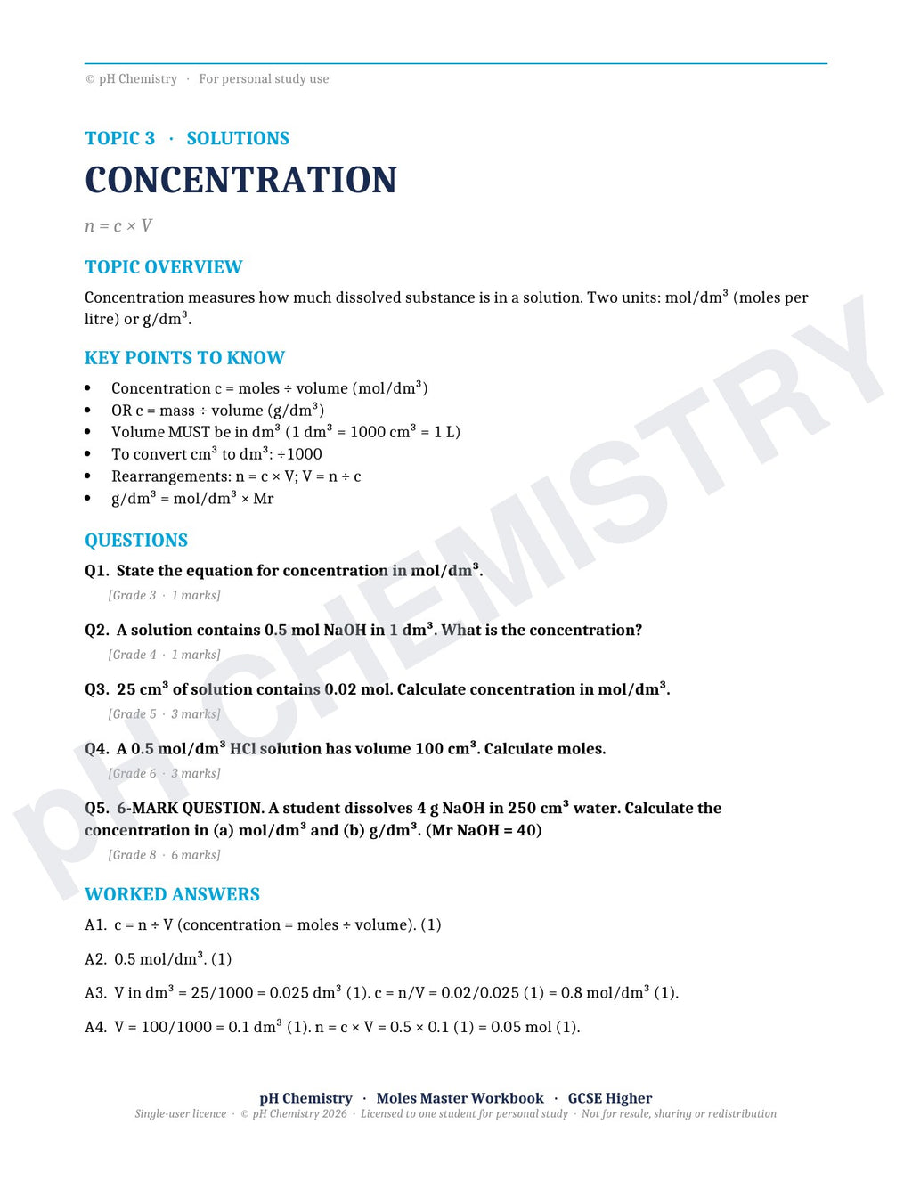 pH Chemistry · Moles Master · Mastery Workbook