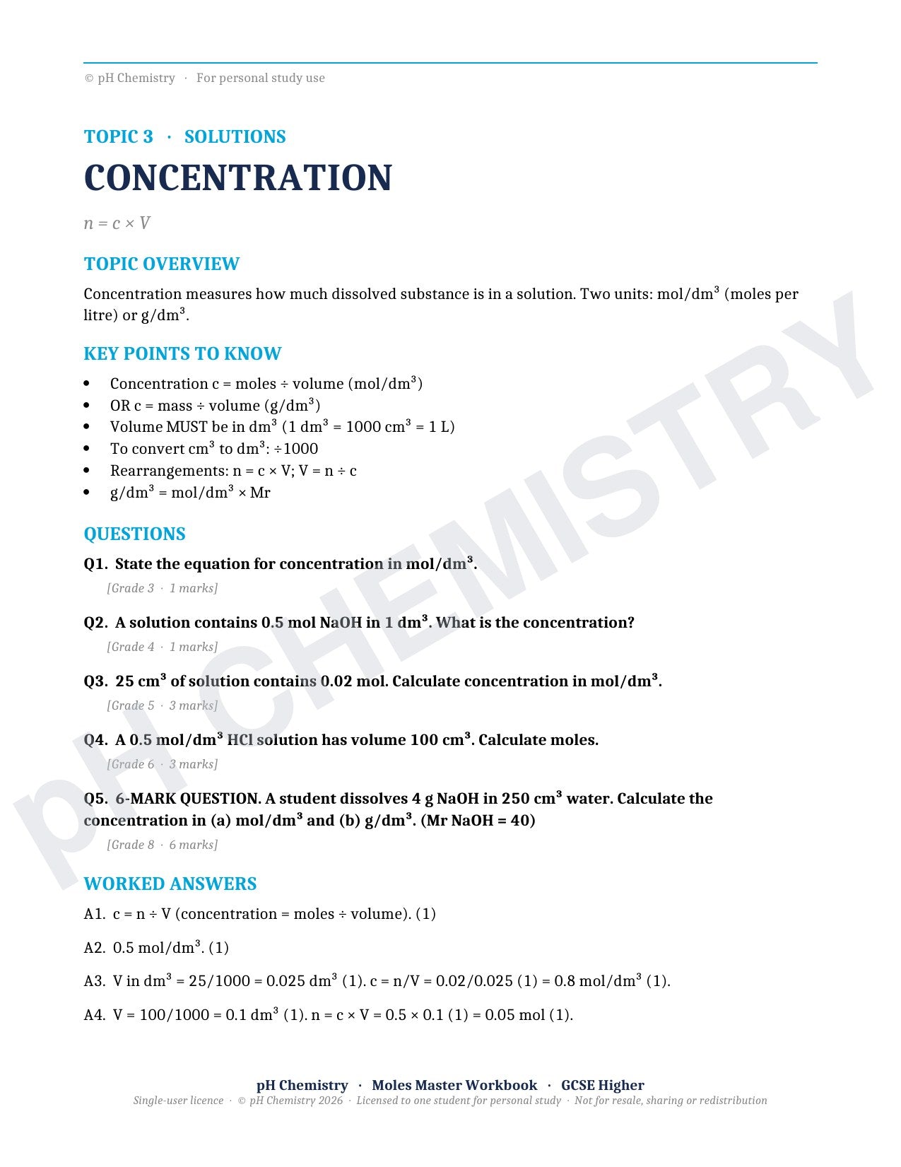 pH Chemistry · Moles Master · Mastery Workbook
